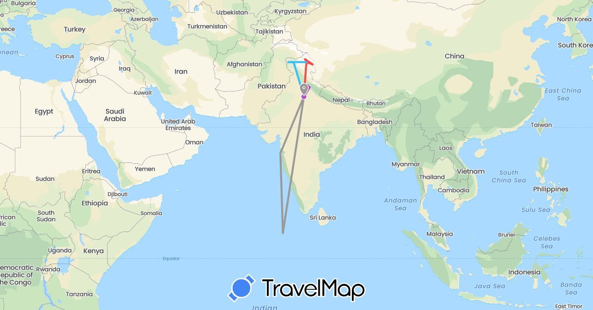 TravelMap itinerary: driving, plane, train, hiking, boat in China, India, Maldives (Asia)